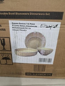 Juego de vajilla de gres con doble tazón de 16 piezas Elama Emilia amarillo crema caja abierta - Imagen 1 de 6