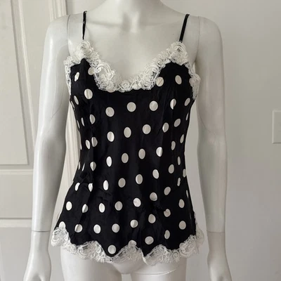 NEW Badgley Mischka Black & White Dot Silk / Lace Trim Camisole Tank Top Size M - Image 1 of 4