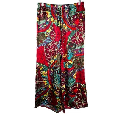 Pantalones de Seda Chicos Talla 1/US M Estampado Paisley Pierna Ancha Tiro Alto Pull On Boho Foto 1 de 4