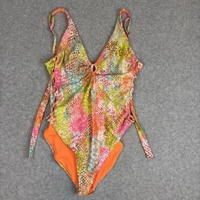 Becca Jada Neon Mamba Snakeskin Print Cutout One-Piece Swimsuit Size Large - Image 1 of 4