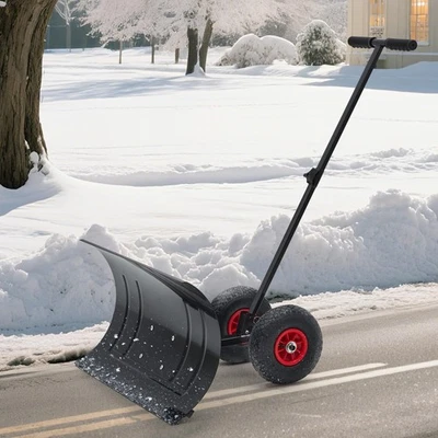 Snow Shovel Pusher w/ Adjustable Handle & Wheels for Driveway Snow Removal - Image 1 of 4