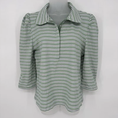 BURU Sz L Green/Blue Striped Collared Puff Sleeve Shirt Blouse Coastal Preppy - Image 1 of 4