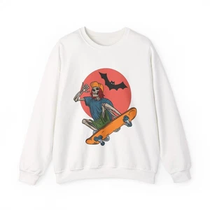 Unisex Gildan Heavy Blend Halloween Skeleton On Skate Crewneck Sweatshirt NWT - Picture 1 of 22