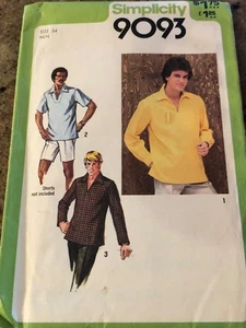 🌼 1979 SIMPLICITY #9093-MEN'S LONG or SHORT SLEEVE PULLOVER SHIRT PATTERN 34 FF - Picture 1 of 2