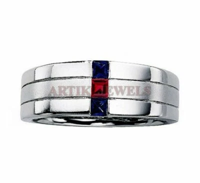 Heizbar Rubin & Heizbar Saphir Mit 18K Weiß Vergoldet Silber Herren Ring #1467 - Bild 1 von 4