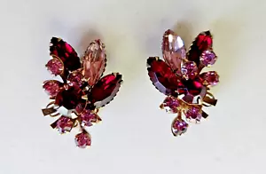 Juliana DeLizza Elster Style Pink & Ruby Red Navette Rhinestone Clip On Earrings - Picture 1 of 6