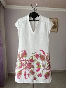120% LINO WHITE FLORAL DRESS SHORT SLEEVE 100% LINEN TOP WOMENS SIZE 42 - Picture 1 of 13