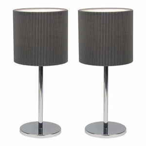 Set of 2 Modern Chrome 32cm Table Lamps Bedside Lights Grey Pleated Shades - Picture 1 of 6