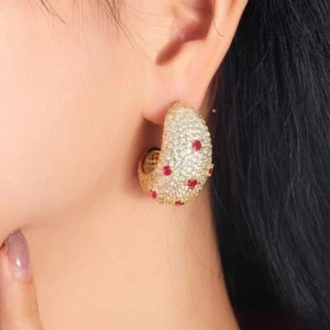 Lab Created Diamond & Ruby 14K Yellow Gold Plated Half Moon Shaped Hoop Earrings - Picture 1 of 5