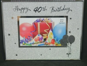 Photo Frame 6 x 4 "Happy 40th Birthday Silver Mirror Sparkle Stars Gift Present - Bild 1 von 4