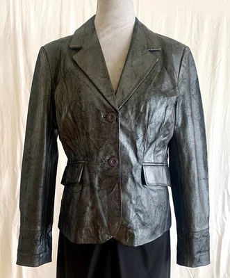 Blazer feminino de camurça Gunmetal preto metálico 100% couro novo sem etiquetas, forrado, tamanho M - Imagem 1 de 4