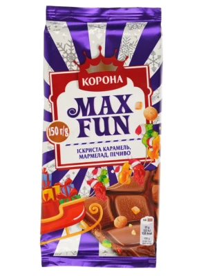 Chocolate con leche Korona Max Fun Caramelo, mermelada y galletas 150 g. 2-10 piezas Foto 1 de 3
