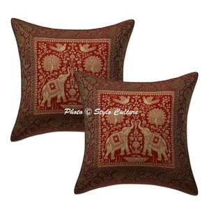 Ethnic Sofa Cushion Covers Red 16 x 16 Brocade Jacquard Elephant Pillow Cases - Picture 1 of 3