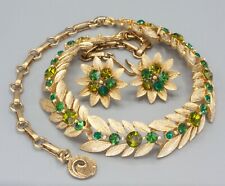 Vintage Lisner Gold Leaves Green Rhinestone Earring Necklace Set Demi Parure