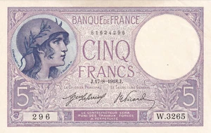 FRANCIA Banconota 5 Franchi 1918 P-72a AUNC/UNC - Foto 1 di 4