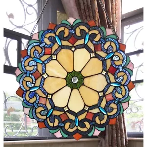Stained Glass Window Panel 18" Round Victorian Tiffany Style LAST ONE THIS PRICE - Picture 1 of 3