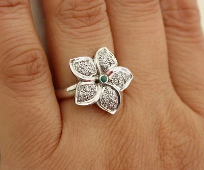 GENUINE EMERALD & WHITE TOPAZ STONES 925 STERLING SILVER FLOWER RING FREE SHIP - Image 1 of 4
