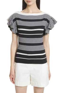New $650 Grey Jason Wu Women'S Blue White Striped Ruffle-Sleeve Knit Tee Size Xl - Picture 1 of 5