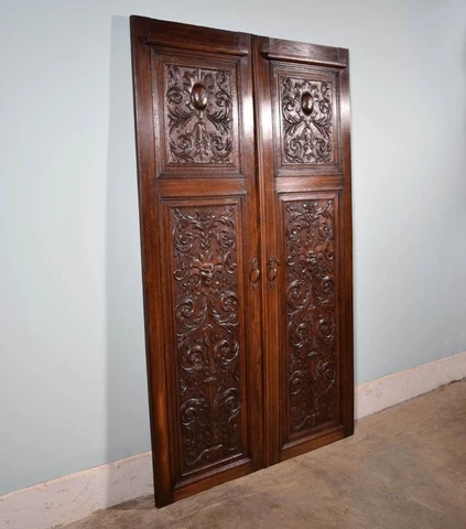 *70" Tall Pair of Antique French Solid Oak Wood Doors With Highly Carved Faces Cover