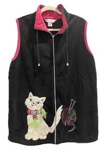 ALLISON DALEY Vest Black Fleece Kitty CAT Full Zipper Size LARGE Grandmacor - Picture 1 of 8