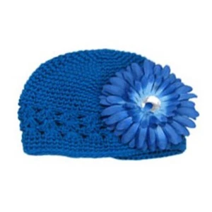 Handmade Crochet Hat w/Flower Hair Pin -Medium-15" Round Stretchable Blue - Picture 1 of 3