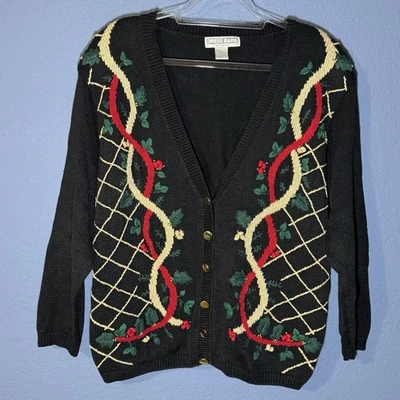 Cárdigan de Navidad Dressbarn Vintage Mujer Talla 22/24 Negro Bordado Muérdago Foto 1 de 4