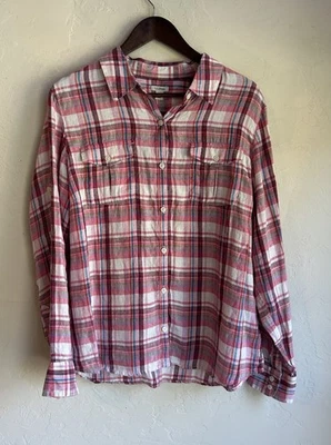 LL Bean 100% Linen Plaid Button Up Top L Classic Relaxed Outdoors Preppy - Image 1 of 4