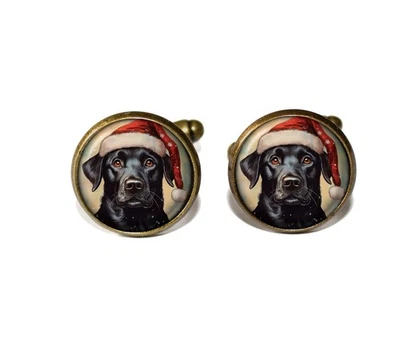 Holiday Black Labrador Retriever Santa Hat Handmade Round Glass Metal Cufflinks - Image 1 of 3