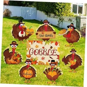 8Pcs Thanksgiving Yard Signs with 16Pcs Stakes Give Thanks Gobble Turkey - Picture 1 of 8