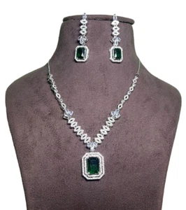 Emerald Statement Necklace Set ,925 Sterling Silver Earring With Necklace , - Picture 1 of 3