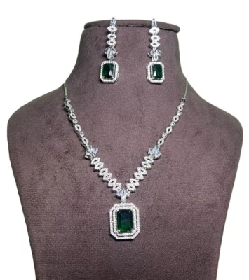 Emerald Statement Necklace Set ,925 Sterling Silver Earring With Necklace , - Image 1 of 3