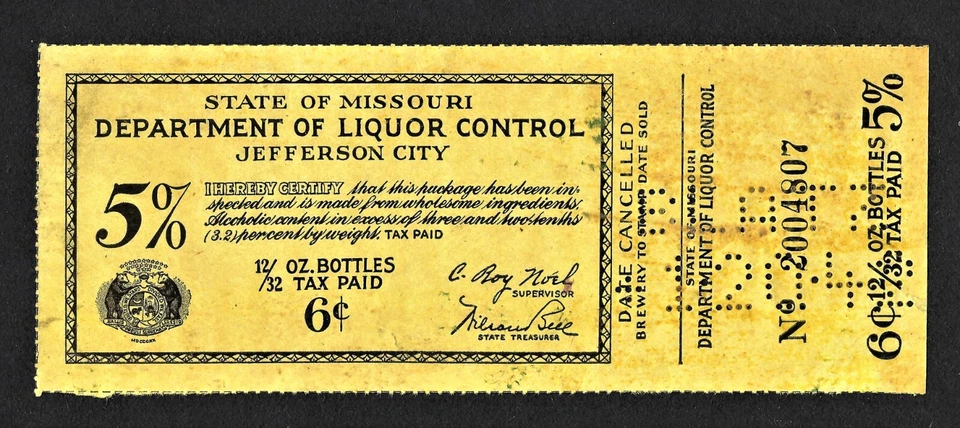 State of Missouri Liquor Control State Revenue - SRS Cat #B123 -  Blatz Perfin - Image 1 of 3