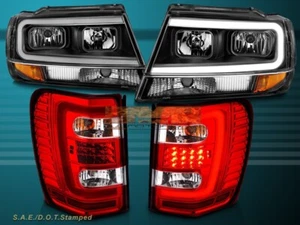 FITS FOR 1999-2004 JEEP GRAND CHEROKEE HEADLIGHTS BLACK LED BAR +RED TAIL LIGHTS - Picture 1 of 9