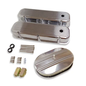For Chevy BBC 65-95 Retro Finned Tall Valve Covers & 12" Half Finned Air Cleaner - Foto 1 di 6