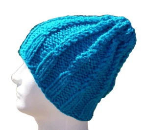 Women's Handmade Alpaca Beanie Twisted Rib Hat Wool Cap Skully Turquoise Blue - Picture 1 of 9