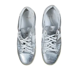 Celine Triomphe Silver & White Metallic Leather Low-Top Sneakers Mens Size 46 EU - Picture 1 of 9