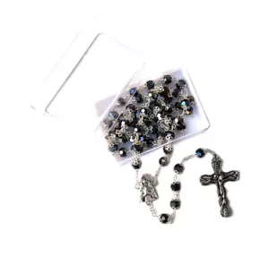 Jet Black Double Capped Glass Bead Rosary Mary Madonna Centerpiece Gift Boxed - Picture 1 of 4