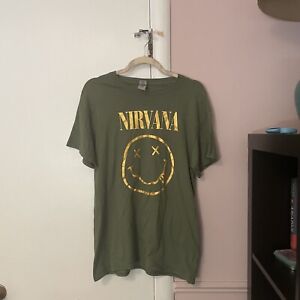 NIRVANA Vintage Inspired Men's M Big Logo Olive Green & Gold T Shirt Cotton