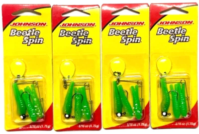 4 УПАКОВКИ Johnson Beetle Spin 1/16 унции Green Chart Glitter с лезвием Chartreuse 3 шт. - Изображение 1 из 4