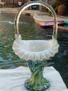 Vintage FENTON Murrhina Blue Green Adventurine Basket Vase - Picture 1 of 12