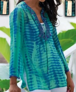 Neu mit Etikett! SOFT ENVIRONMENT BLAU GRÜN TÜRKIS TIE DYE PERLEN SHIRT TUNIKA TOP 2X A+ - Bild 1 von 16