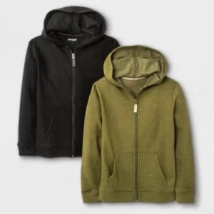 Boys' 2pk Fleece Zip-Up Hoodie Sweatshirt - Cat & Jack Black/Olive Green M(8/10) - Picture 1 of 12
