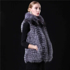 Women's Square collar Fur Vest Silver Fox fur Article And Fur Collar Fur coats - Picture 1 of 6