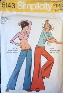 Vtg 1970s Simplicity 5143 Bikini Jeans Hip Hugger Bell Bottom SEWING PATTERN 12 - Picture 1 of 5