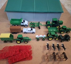 John Deere Ertl Diecast & Plastic Toy Barn Farm Equipment Fence Animals Lot - Picture 1 of 13
