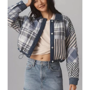 Anthropologie Pilcro Damen L Patchwork Jacke Quilt blau weiß 100% Baumwolle  - Bild 1 von 17