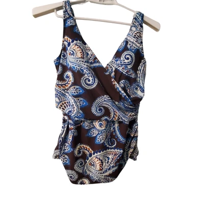 Lands End Traje De Baño Tankini Top Mujer Talla 18 Marrón Azul Paisley Envoltura Foto 1 de 4