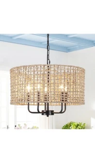 Rattan Farmhouse Chandelier 5 Light Rustic Hand Woven Boho Chandeliers Brown - Picture 1 of 9