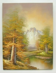 Original Oil Painting on Stretched Canvas Landscape Mountain River Signed Hurent - Picture 1 of 5