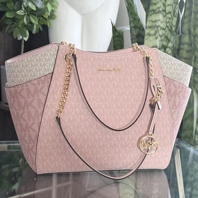 Michael Kors Jet Set Travel Large Chain Shoulder Tote Logo Bag Powder Blush Pink - Image 1 of 4
